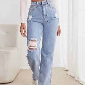 high waist ripped straight leg jeans